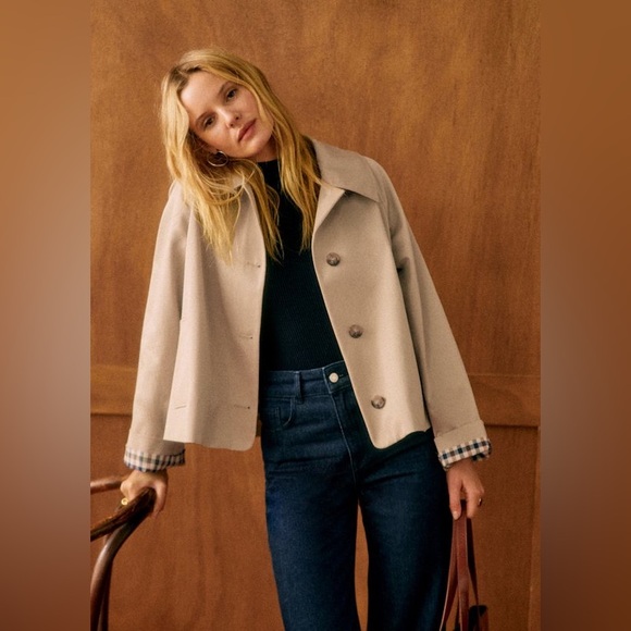 Sezane Jackets & Blazers - Sezane Bobby Jacket, Light Beige & Gingham, Oversized Cropped Trench, NWT Size 2